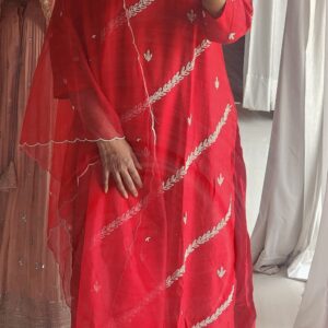 Ethnic Hand Work Embroidered Straight Kurta with Pant & Dupatta - Red