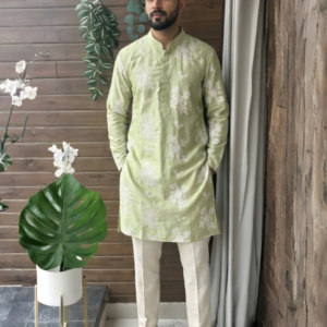 Green Floral Kurtha with Pant for Men