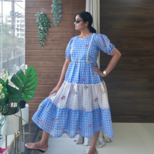 Blue Floral Printed Layered Cotton Frock Dress for Women