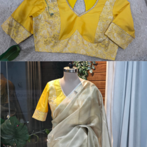 Designer Yellow Blouse with Floral Weaving & Stylish Neckline