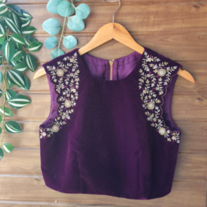 Elegant Wine Velvet Sleeveless Embroidered Blouse