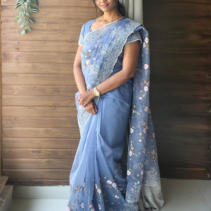 Blouse-Attached Floral Embroidered Saree – Elegant Blue
