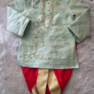 Mint Green Embroidered Kurta with Red & Gold Dhoti Set for Boys