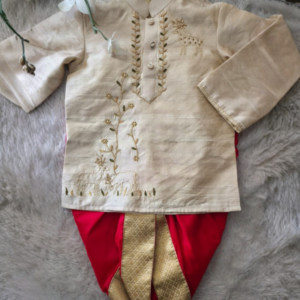 Beige Embroidered Kurta with Red & Gold Dhoti Set for Boys